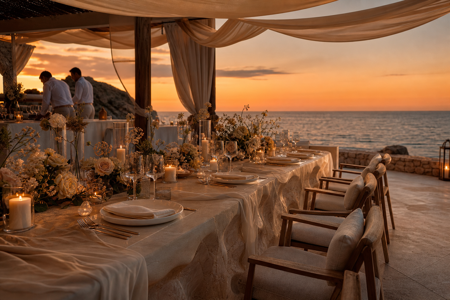 Cena mediterránea privada al atardecer